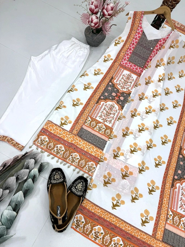Digital Printed Silk Sleeveless Suit - White, Free Size Upto 44inch