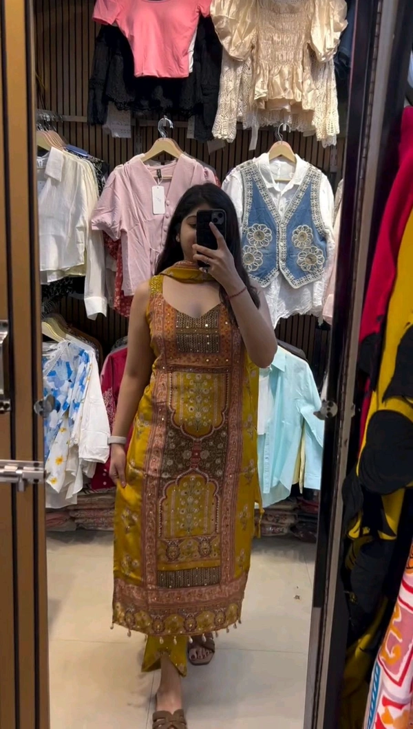 Digital Printed Silk Sleeveless Suit - Yellow, Free Size Upto 44inch