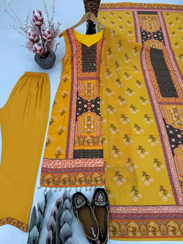 Digital Printed Silk Sleeveless Suit - Yellow, Free Size Upto 44inch