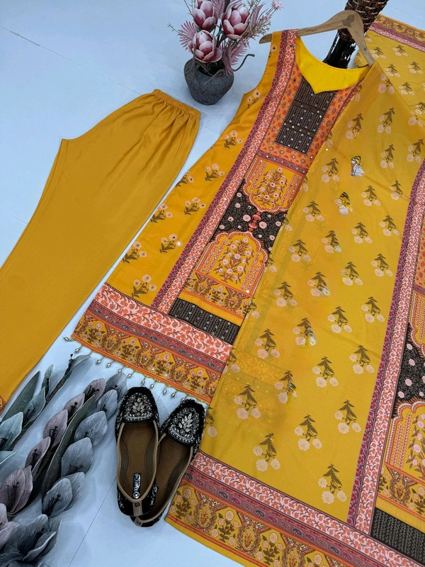 Digital Printed Silk Sleeveless Suit - Yellow, Free Size Upto 44inch