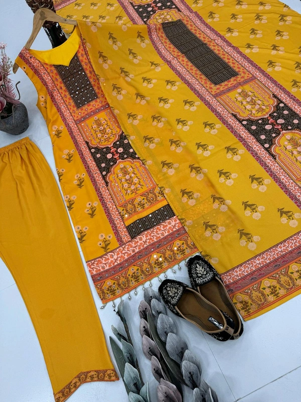 Digital Printed Silk Sleeveless Suit - Yellow, Free Size Upto 44inch