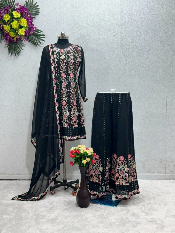 Partywear Heavy Embroidery Work Palazzo Suit - Free Size 42 margin Upto 44in