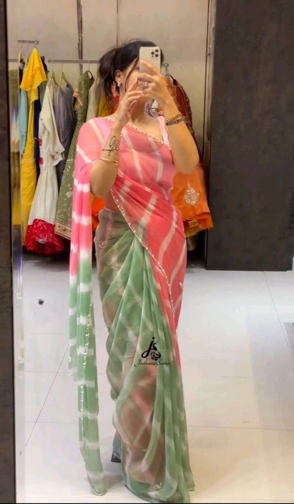 Designer Leheriya Saree With handwork and Mirror Work and Satin Blouse - Design 1