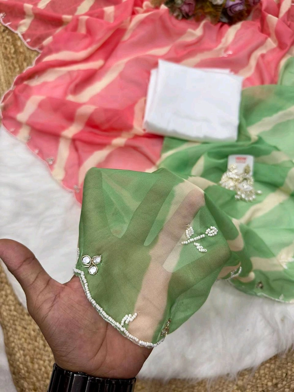 Designer Leheriya Saree With handwork and Mirror Work and Satin Blouse - Design 1