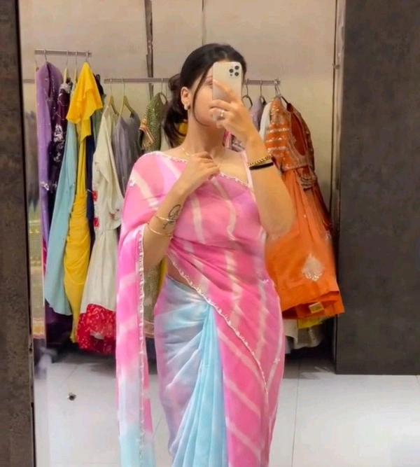 Designer Leheriya Saree With handwork and Mirror Work and Satin Blouse - Design 2