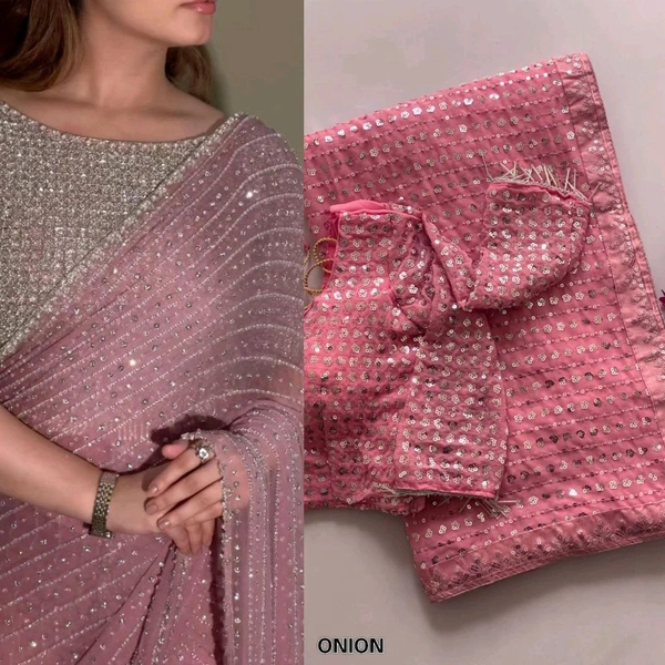 Bollywood Style Sequin Saree With Blouse Piece - Pink