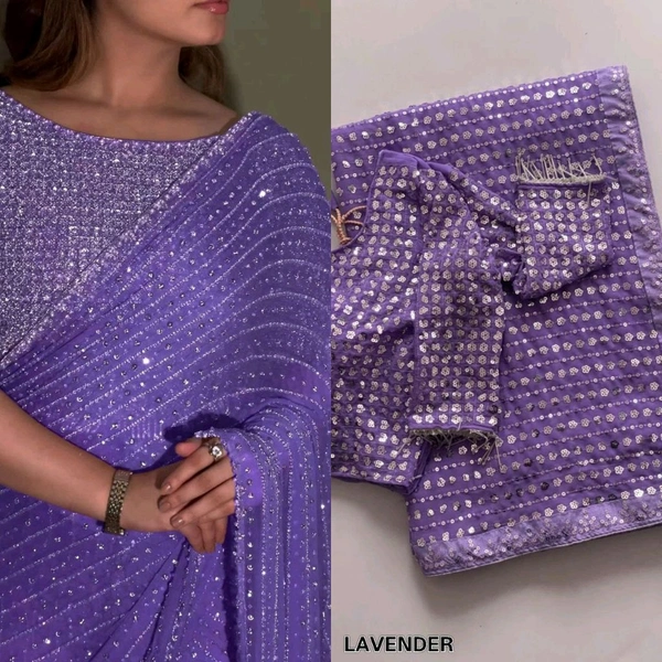 Bollywood Style Sequin Saree With Blouse Piece - Electric Violet