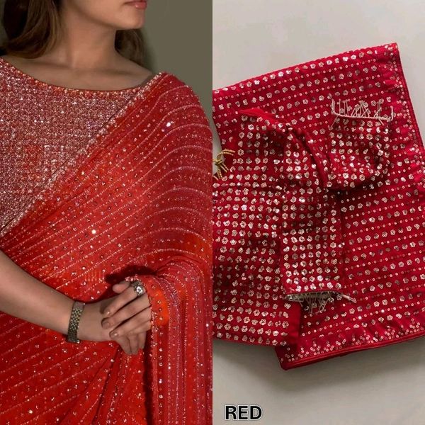 Bollywood Style Sequin Saree With Blouse Piece - Red