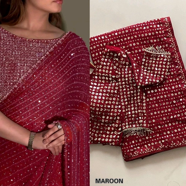 Bollywood Style Sequin Saree With Blouse Piece - Bright Red