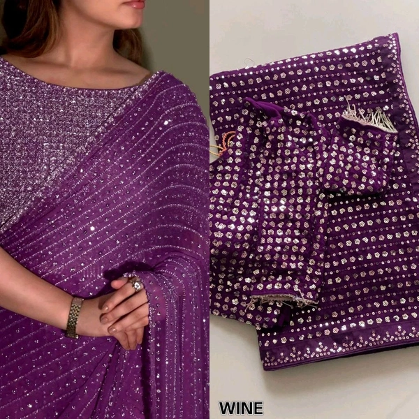 Bollywood Style Sequin Saree With Blouse Piece - Purple