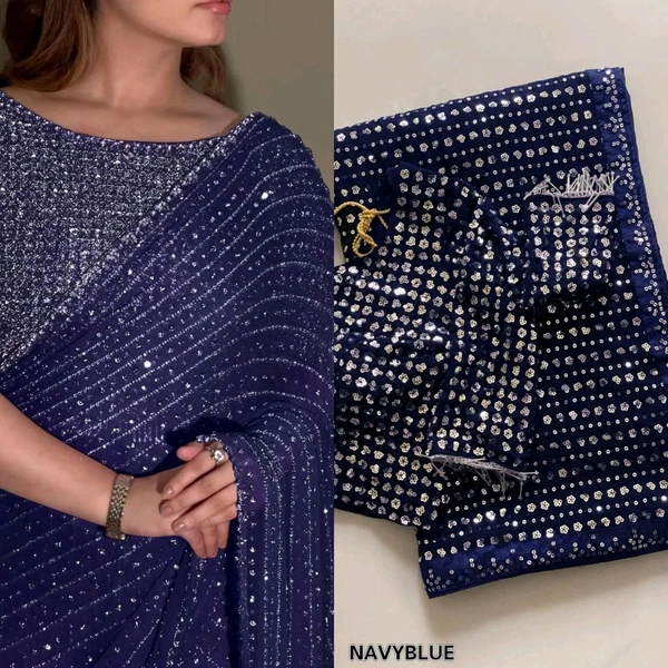 Bollywood Style Sequin Saree With Blouse Piece - Navy Blue