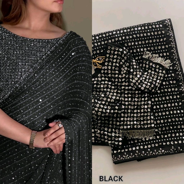 Bollywood Style Sequin Saree With Blouse Piece - Black
