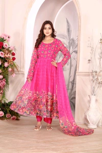 Heavy Tebby Silk Floral Design Anarkali Suit - L