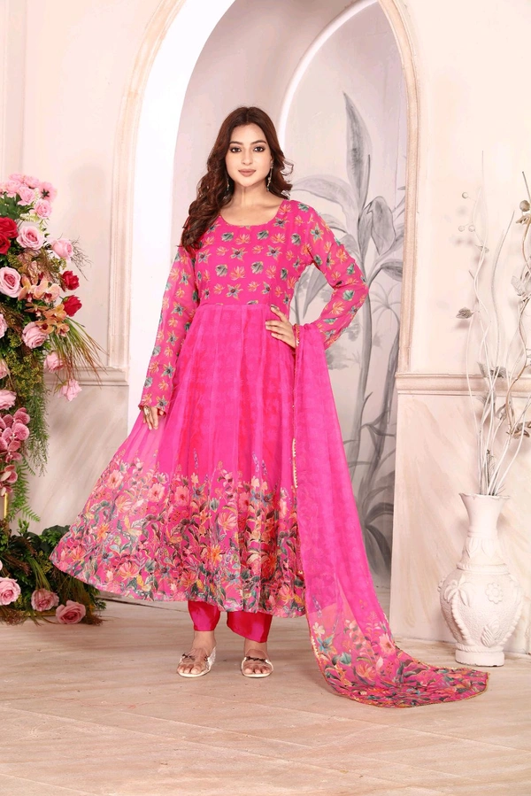 Heavy Tebby Silk Floral Design Anarkali Suit - L
