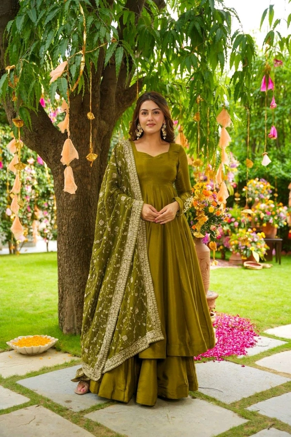 Chiffon Embroidery Anarkali Gown with Bottom and Dupatta Set - M