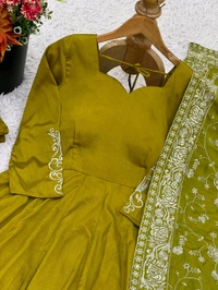 Chiffon Embroidery Anarkali Gown with Bottom and Dupatta Set - M