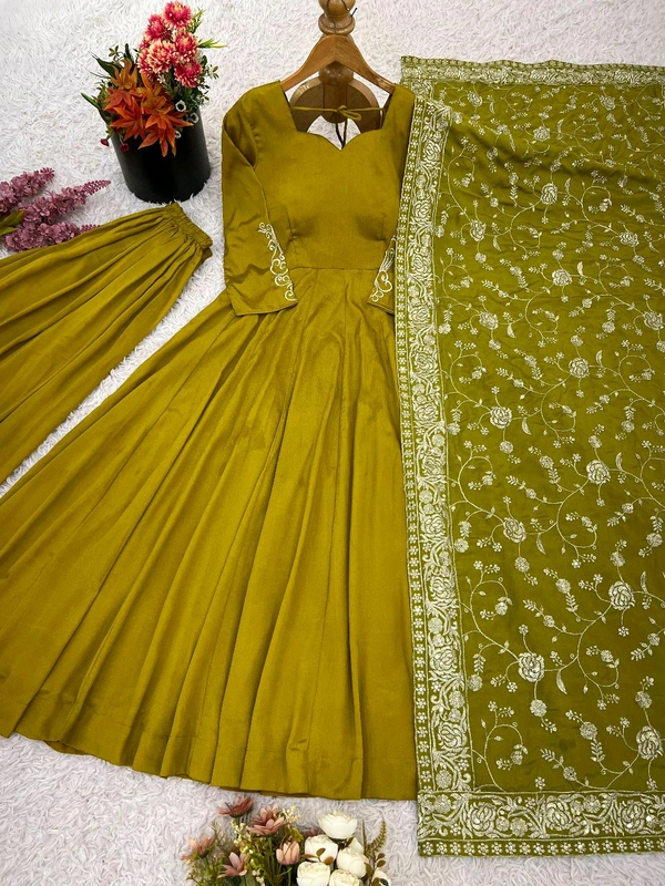 Chiffon Embroidery Anarkali Gown with Bottom and Dupatta Set - L
