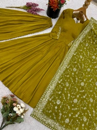 Chiffon Embroidery Anarkali Gown with Bottom and Dupatta Set - L