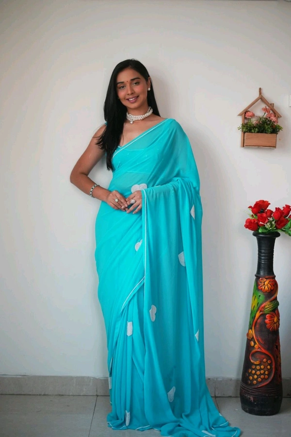 Beautiful Rama Color Ready To Wear Saree With Blouse Piece