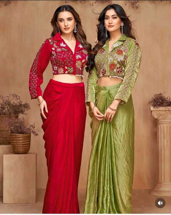 Readymade Festive Wear Dhoti Blouse Set - Green
