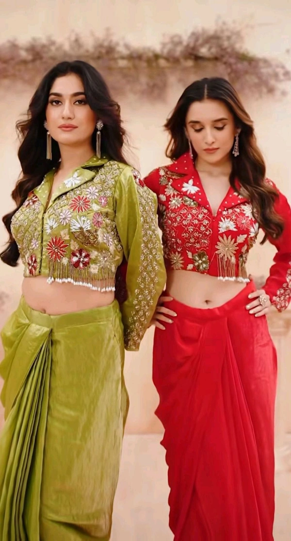 Readymade Festive Wear Dhoti Blouse Set - Green