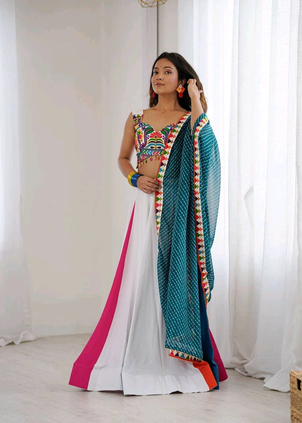 Navratri Special Gamthi Work Lehenga Fully Stiched - Free Size Upto 44in