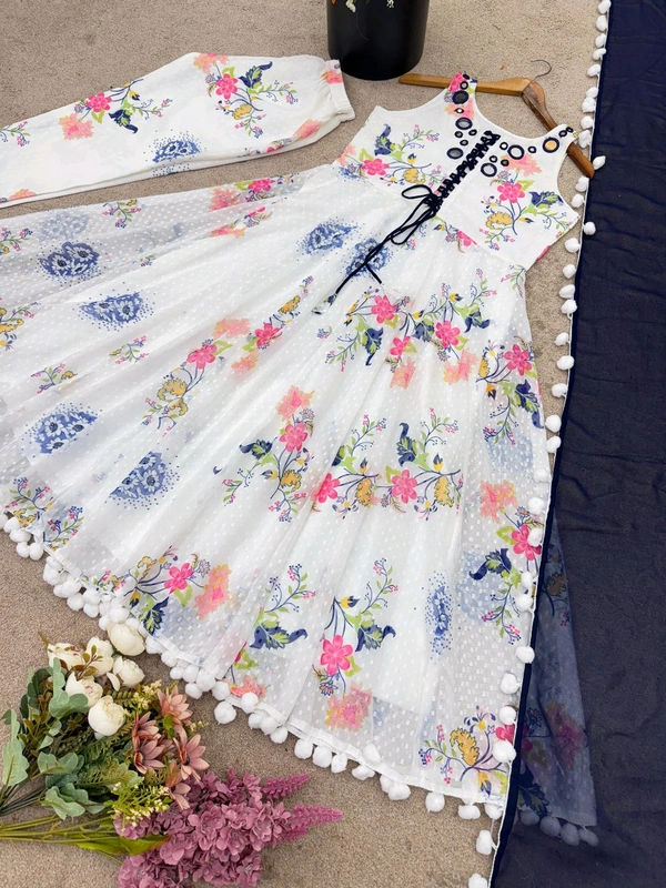 Mirror Work And Pom Pom Anarkali Suit - M