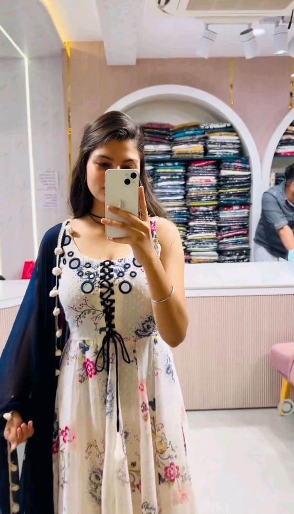 Mirror Work And Pom Pom Anarkali Suit - L