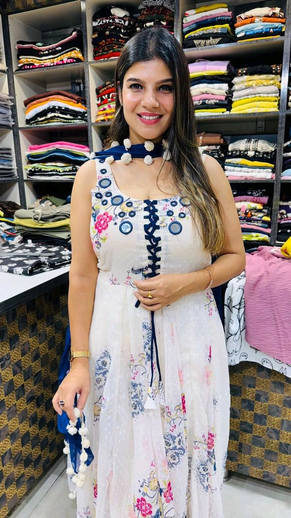 Mirror Work And Pom Pom Anarkali Suit - XXL