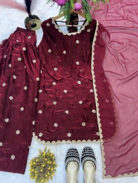 Heavy Crush Silk Farsi Salwar Suit With Full Sleeve - M, Maroon