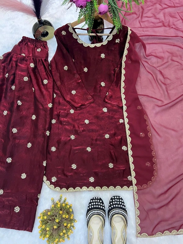 Heavy Crush Silk Farsi Salwar Suit With Full Sleeve - M, Maroon