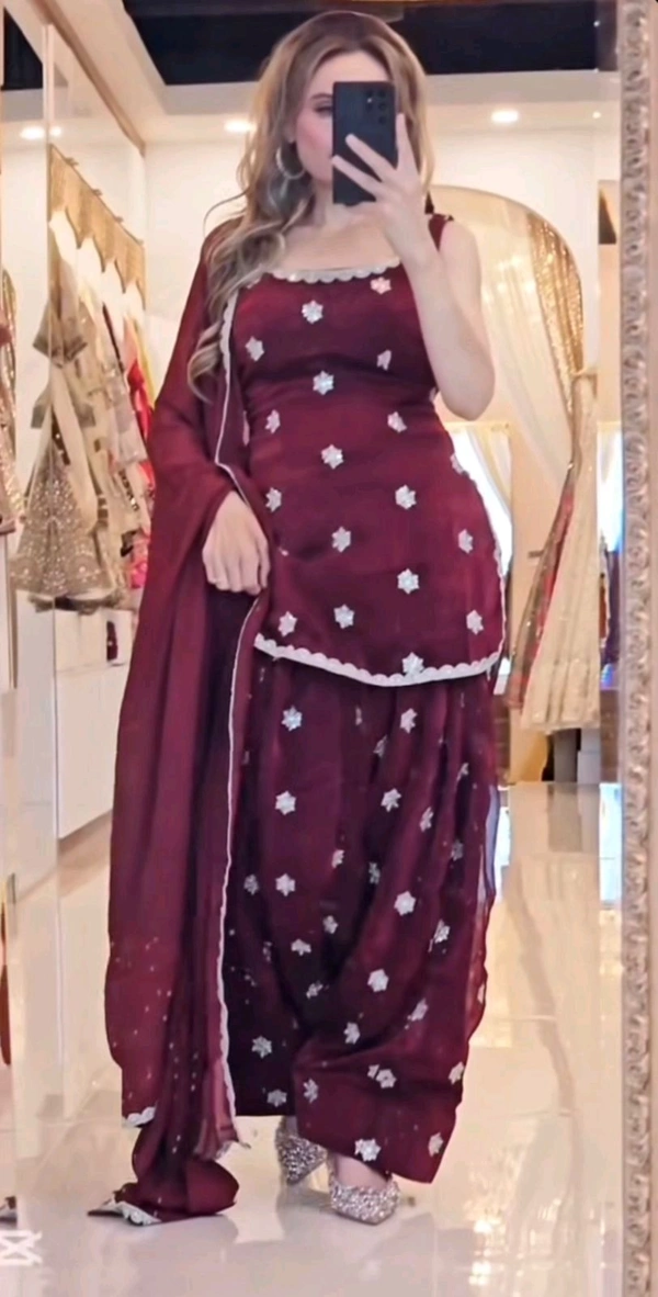 Heavy Crush Silk Farsi Salwar Suit With Full Sleeve - L, Maroon