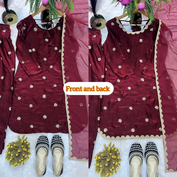 Heavy Crush Silk Farsi Salwar Suit With Full Sleeve - L, Maroon