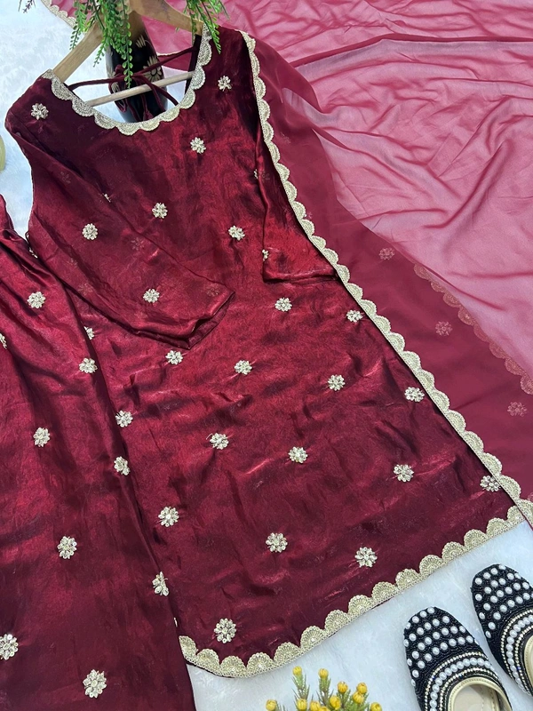 Heavy Crush Silk Farsi Salwar Suit With Full Sleeve - L, Maroon
