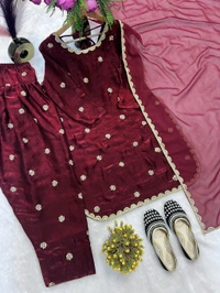 Heavy Crush Silk Farsi Salwar Suit With Full Sleeve - L, Maroon