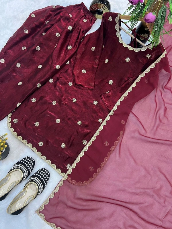 Heavy Crush Silk Farsi Salwar Suit With Full Sleeve - L, Maroon