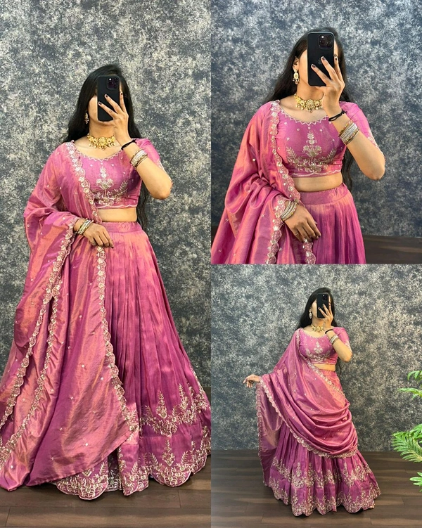 Original South Tissue Embroidery Lehenga - Free Size Upto XXL, Cranberry