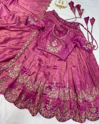 Original South Tissue Embroidery Lehenga - Free Size Upto XXL, Cranberry