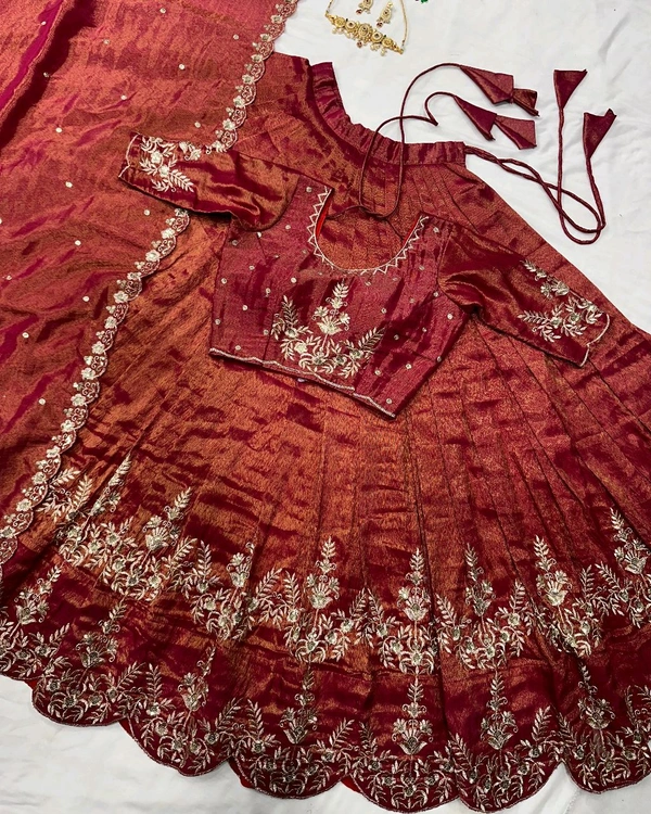 Original South Tissue Embroidery Lehenga - Free Size Upto XXL, Dark Rust