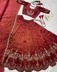 Original South Tissue Embroidery Lehenga - Free Size Upto XXL, Dark Rust