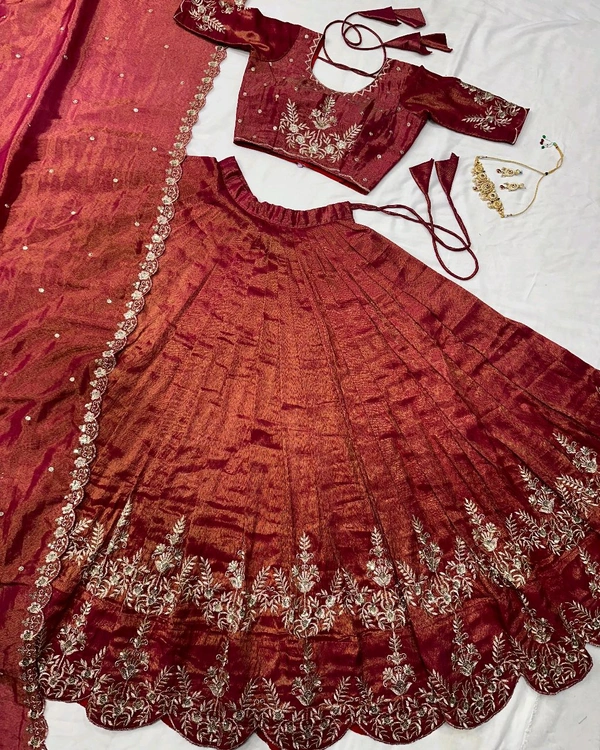 Original South Tissue Embroidery Lehenga - Free Size Upto XXL, Dark Rust