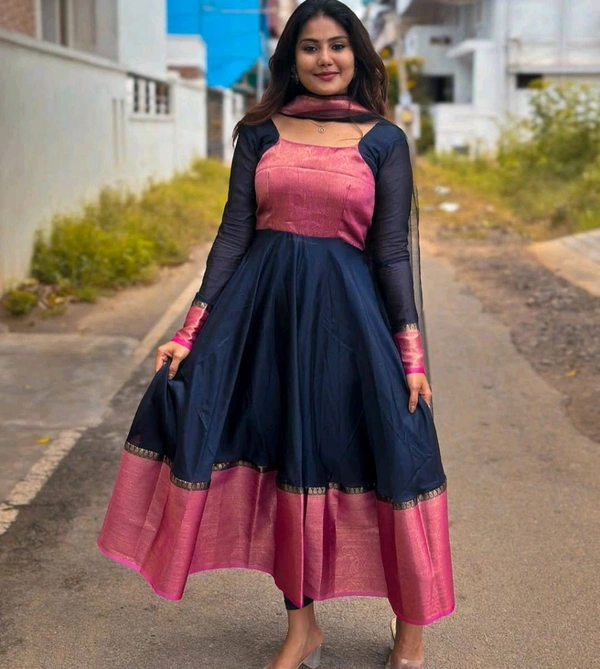 Jacquard Silk Gown With Dupatta - M, Navy Blue