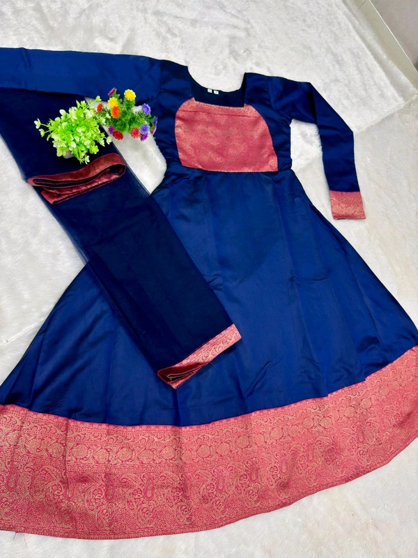 Jacquard Silk Gown With Dupatta - XL, Navy Blue
