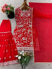 Karwa Chauth Heavy Embroidery Work Plazzo Suit - Red, M
