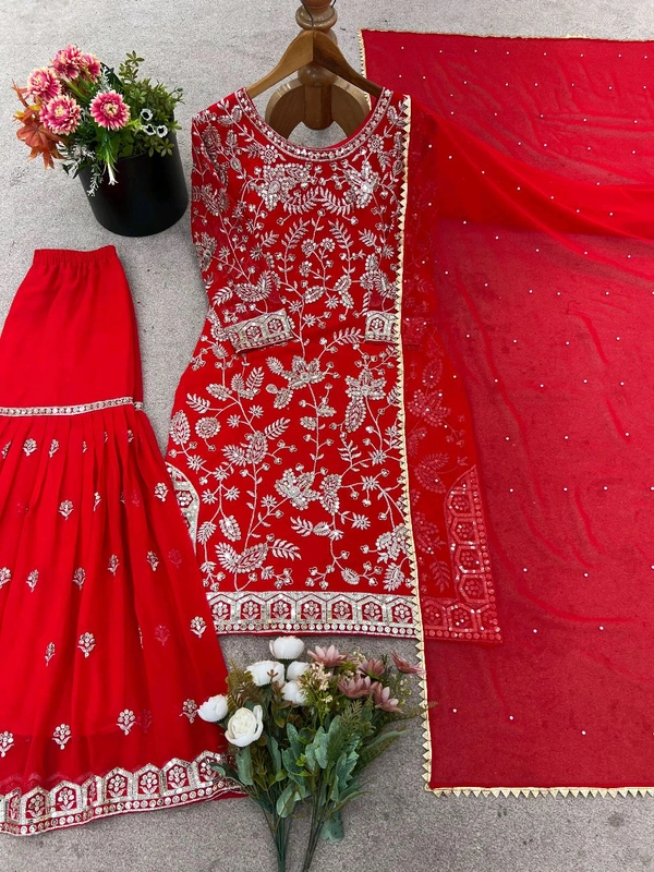 Karwa Chauth Heavy Embroidery Work Plazzo Suit - Red, M