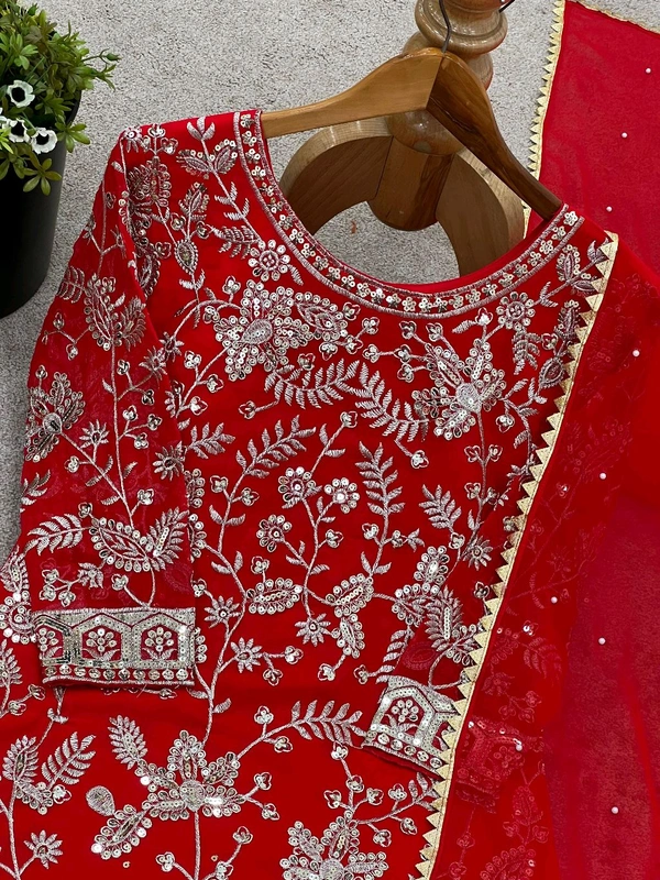Karwa Chauth Heavy Embroidery Work Plazzo Suit - Red, M