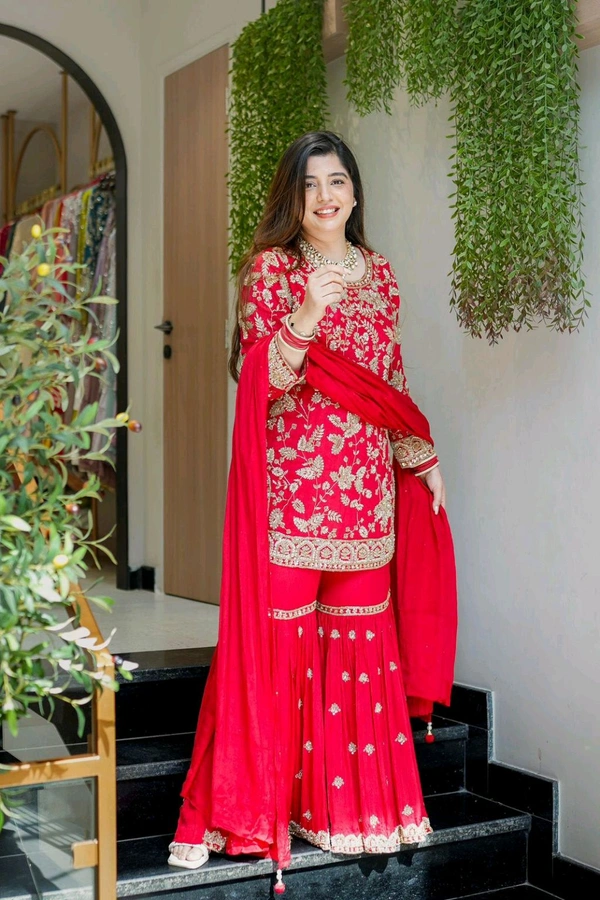 Karwa Chauth Heavy Embroidery Work Plazzo Suit - Red, XL