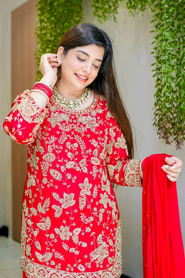 Karwa Chauth Heavy Embroidery Work Plazzo Suit - Red, XL