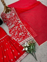 Karwa Chauth Heavy Embroidery Work Plazzo Suit - Red, XL