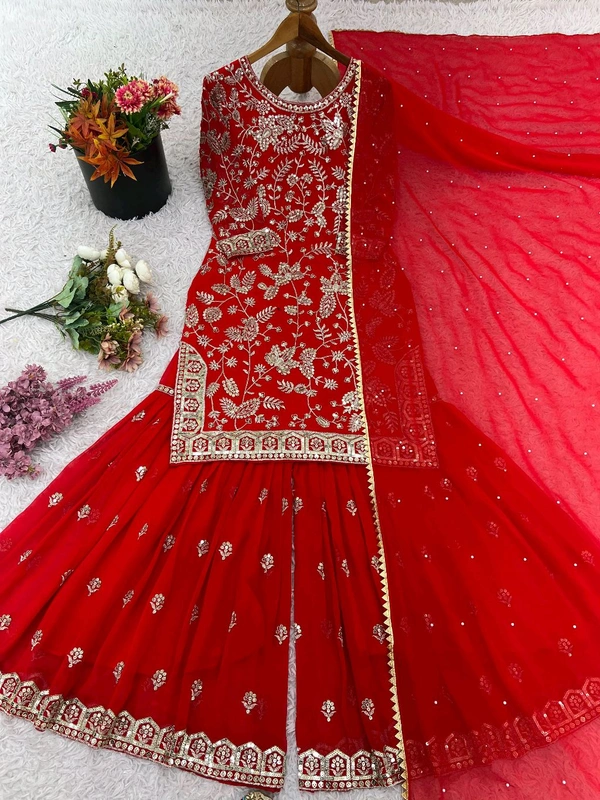 Karwa Chauth Heavy Embroidery Work Plazzo Suit - Red, XL
